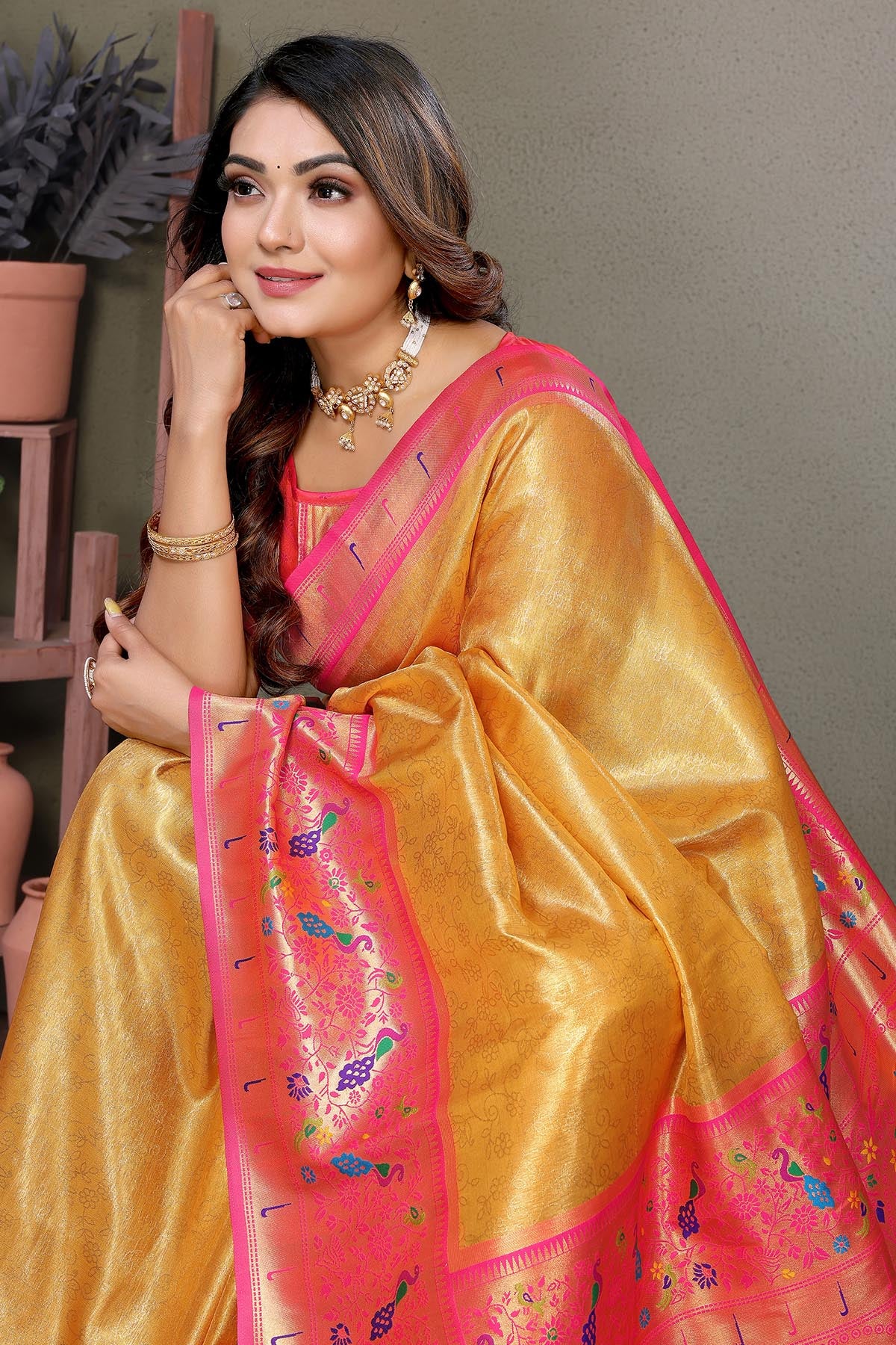 Yellow Tissue Silk Woven Saree