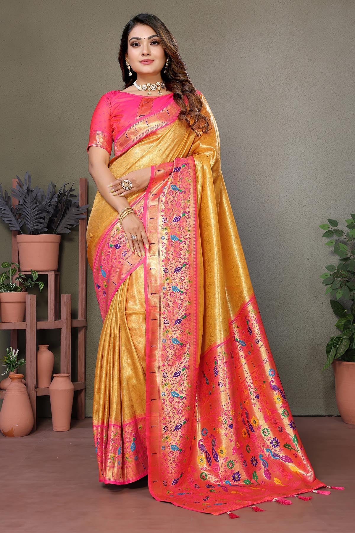Buy Yellow Tissue Silk Woven Saree for women by Aastha Fashion online available at scrollnshops