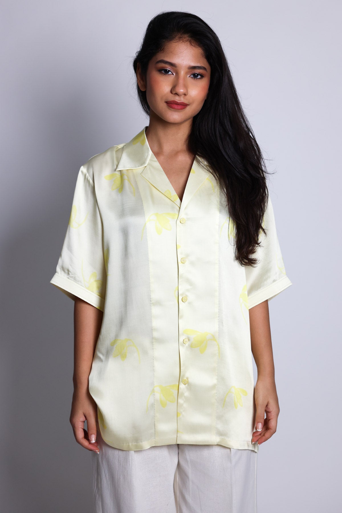 Arya Giri Yellow Tulip Floral Collar Shirt for women online at ScrollnShops