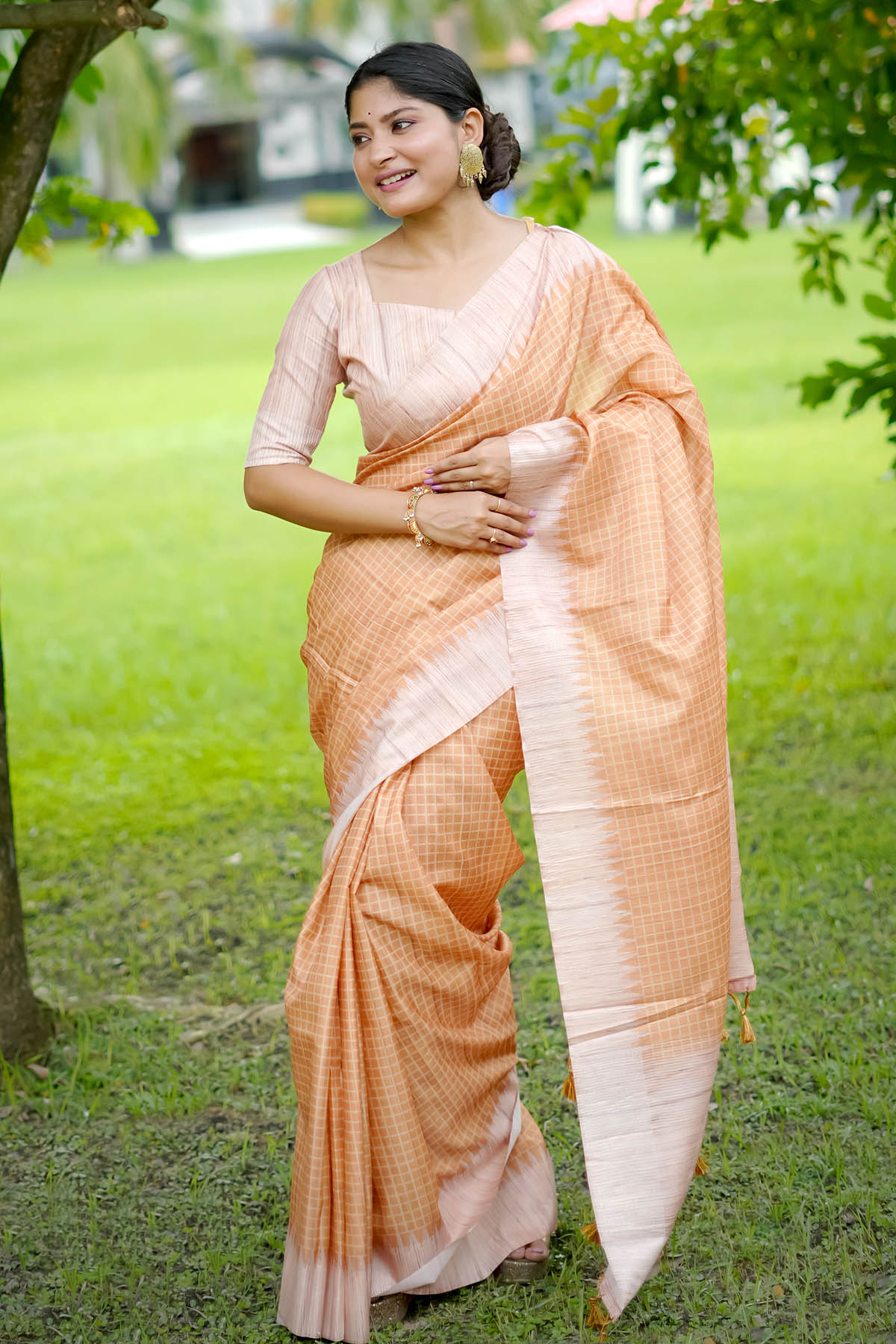 Buy Yellow Tussar Silk Checked Saree by Lili Lala for women online at ScrollnShops