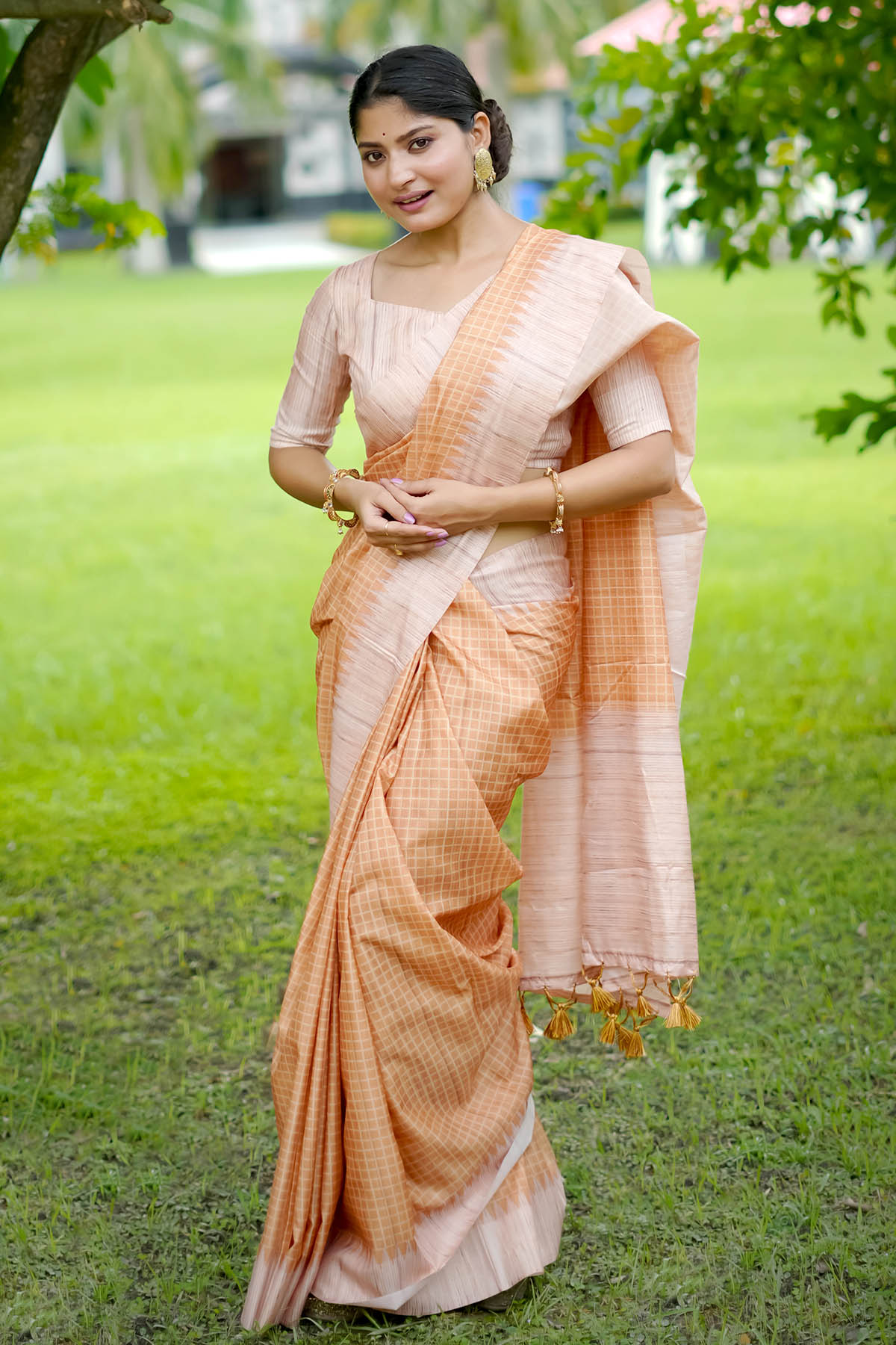 Yellow Tussar Silk Checked Saree