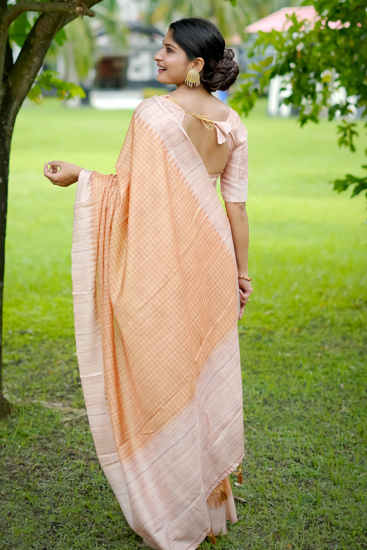 Yellow Tussar Silk Checked Saree