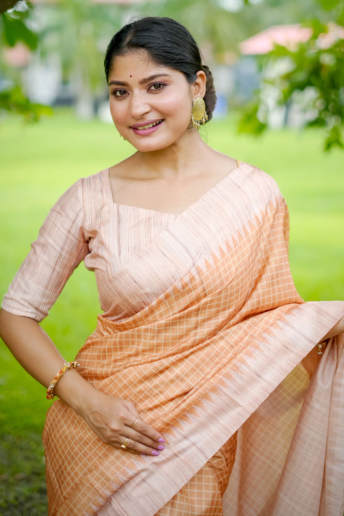 Yellow Tussar Silk Checked Saree