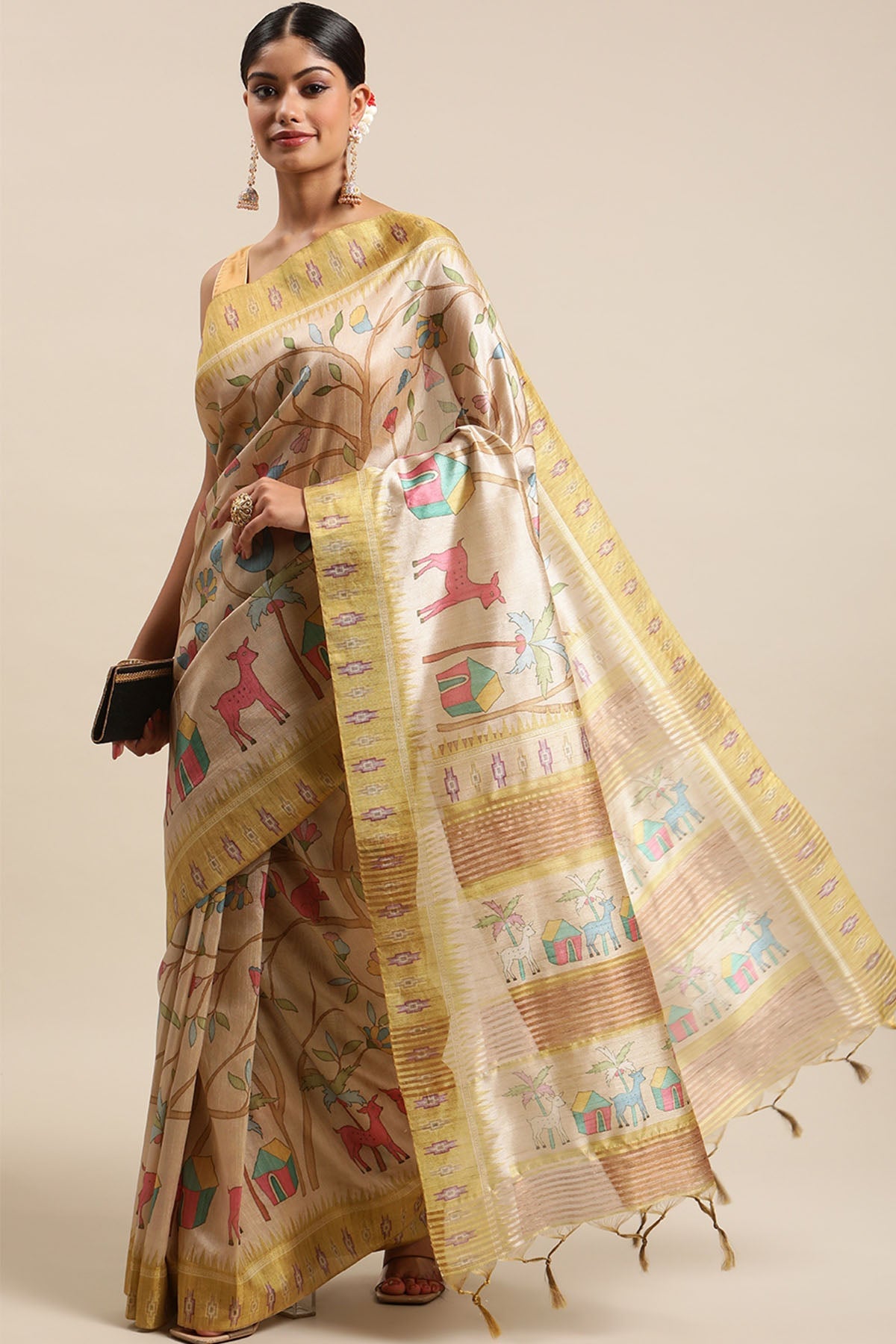 Buy Yellow Tussar Silk Printed Saree by Lili Lala for women online at ScrollnShops