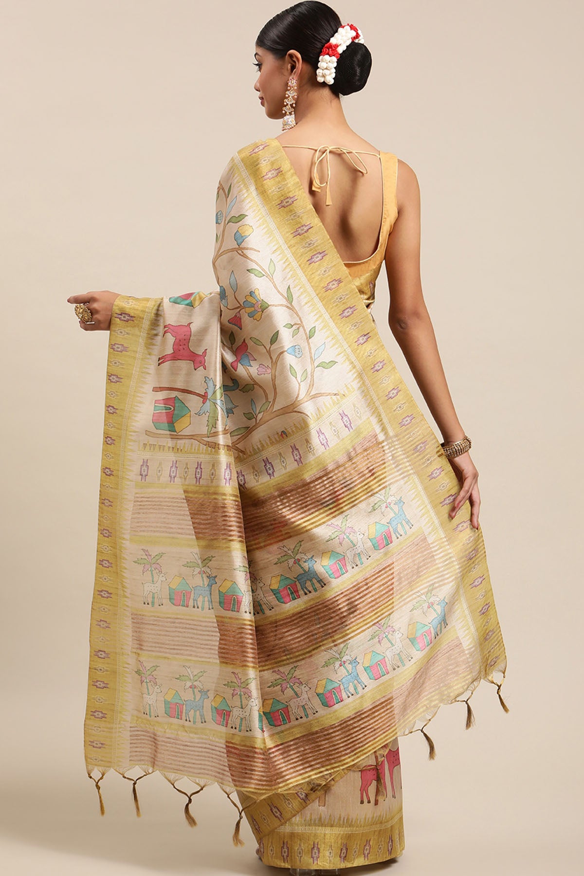 Yellow Tussar Silk Printed Saree