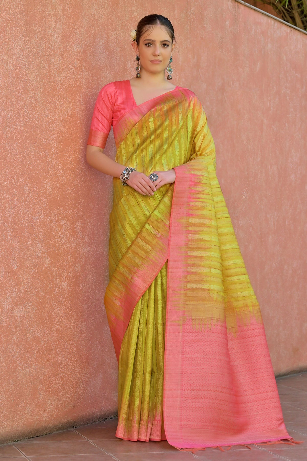 Buy Yellow Tussar Silk Zari Saree by Lili Lala for women online at ScrollnShops