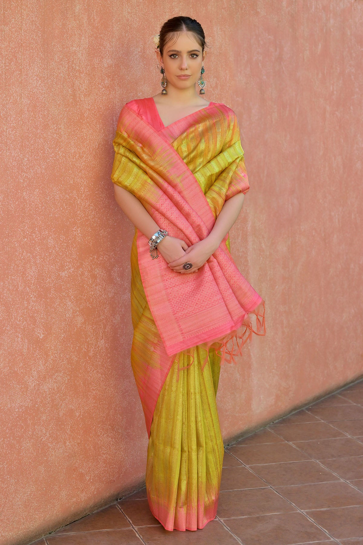 Yellow Tussar Silk Zari Saree