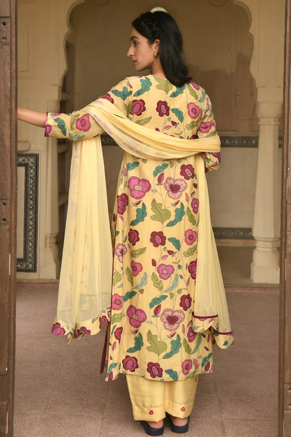 Yellow V-Neck Print Kurta Set