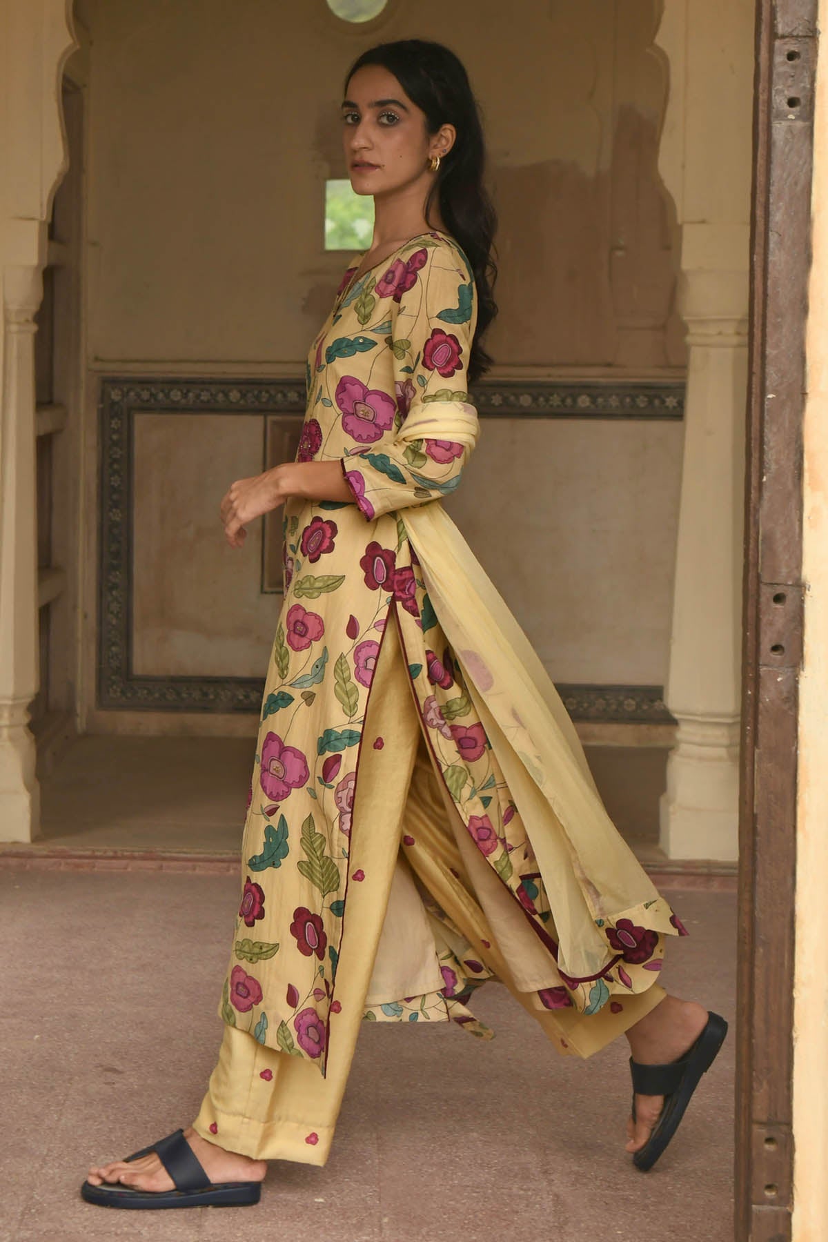 Yellow V-Neck Print Kurta Set