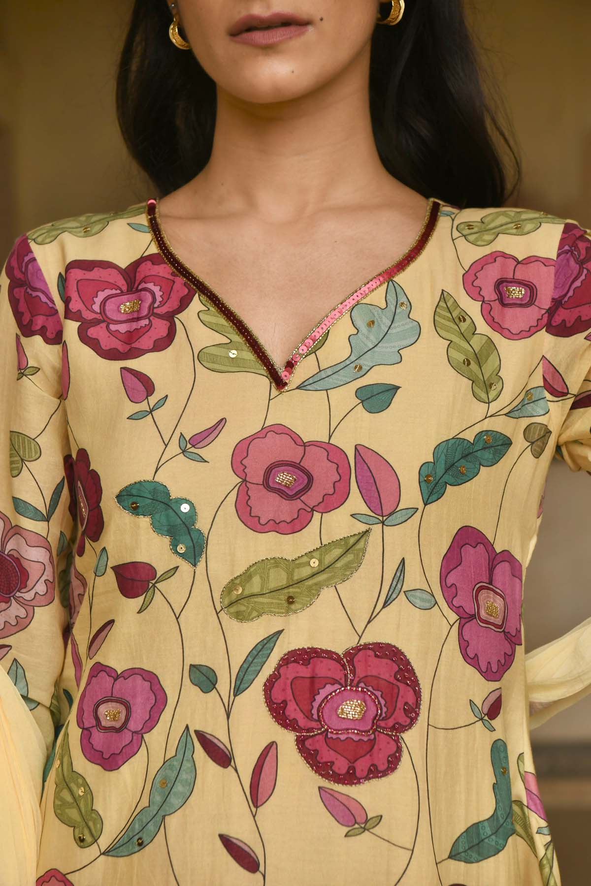 Yellow V-Neck Print Kurta Set