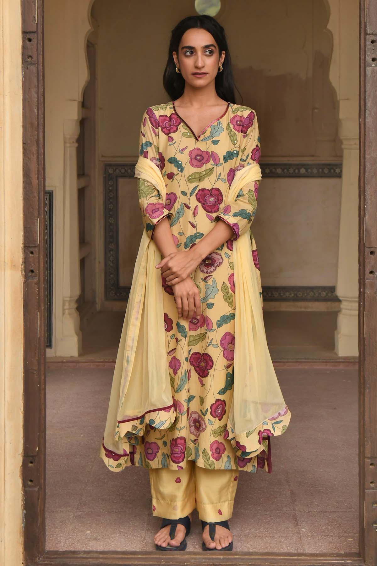 Yellow V-Neck Print Kurta Set