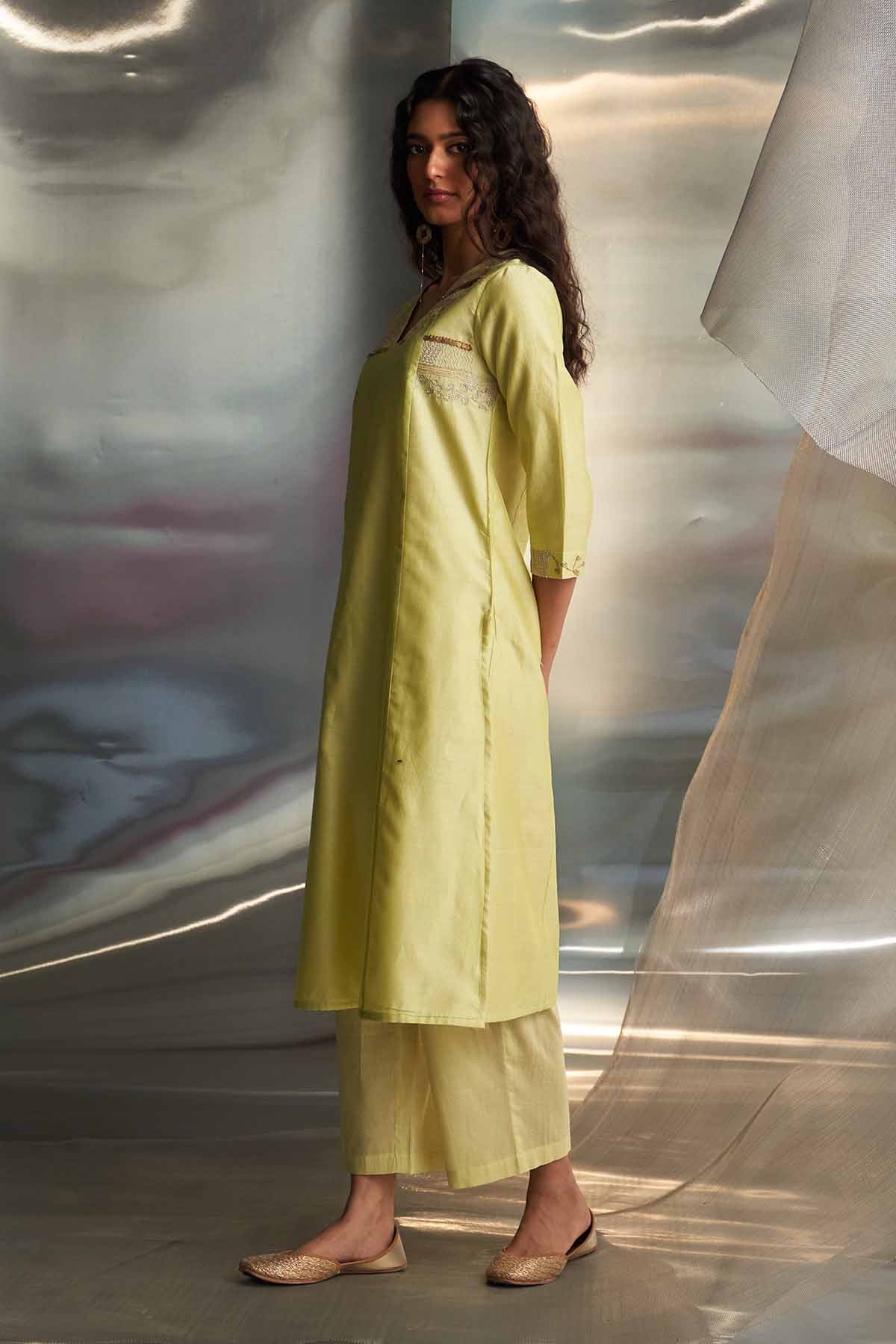 Yellow V-Neck Straight Kurta Set