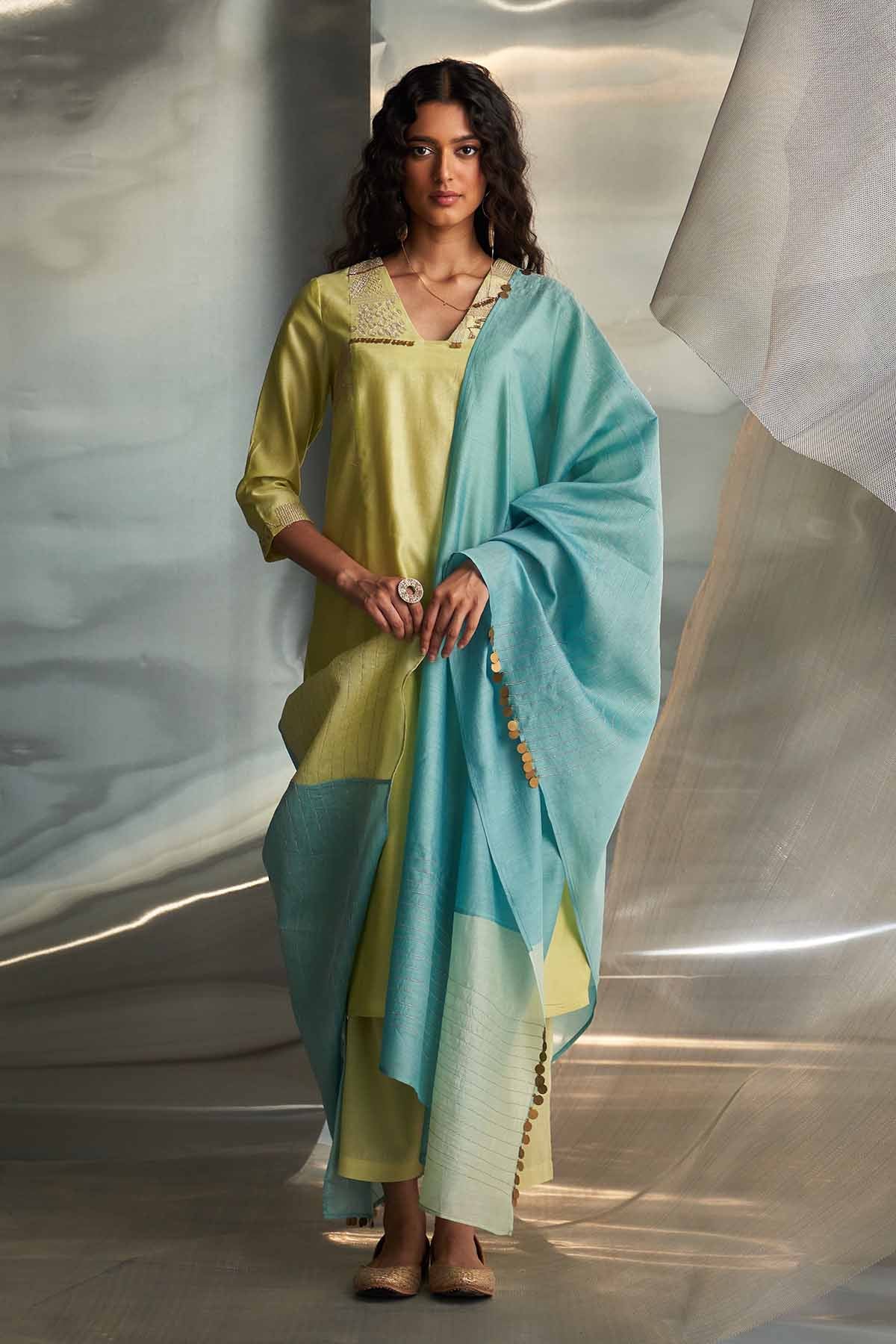 Buy Yellow V-Neck Straight Kurta Set Online