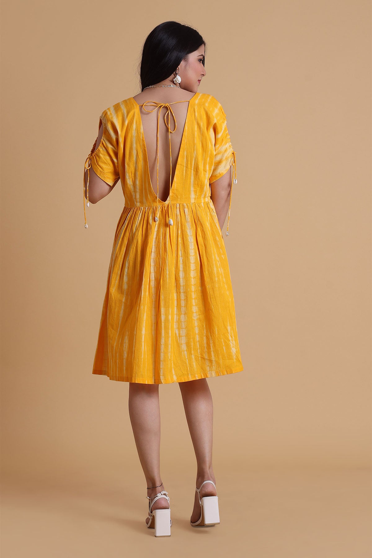 Yellow V-Neck Tie-Up Midi Dress