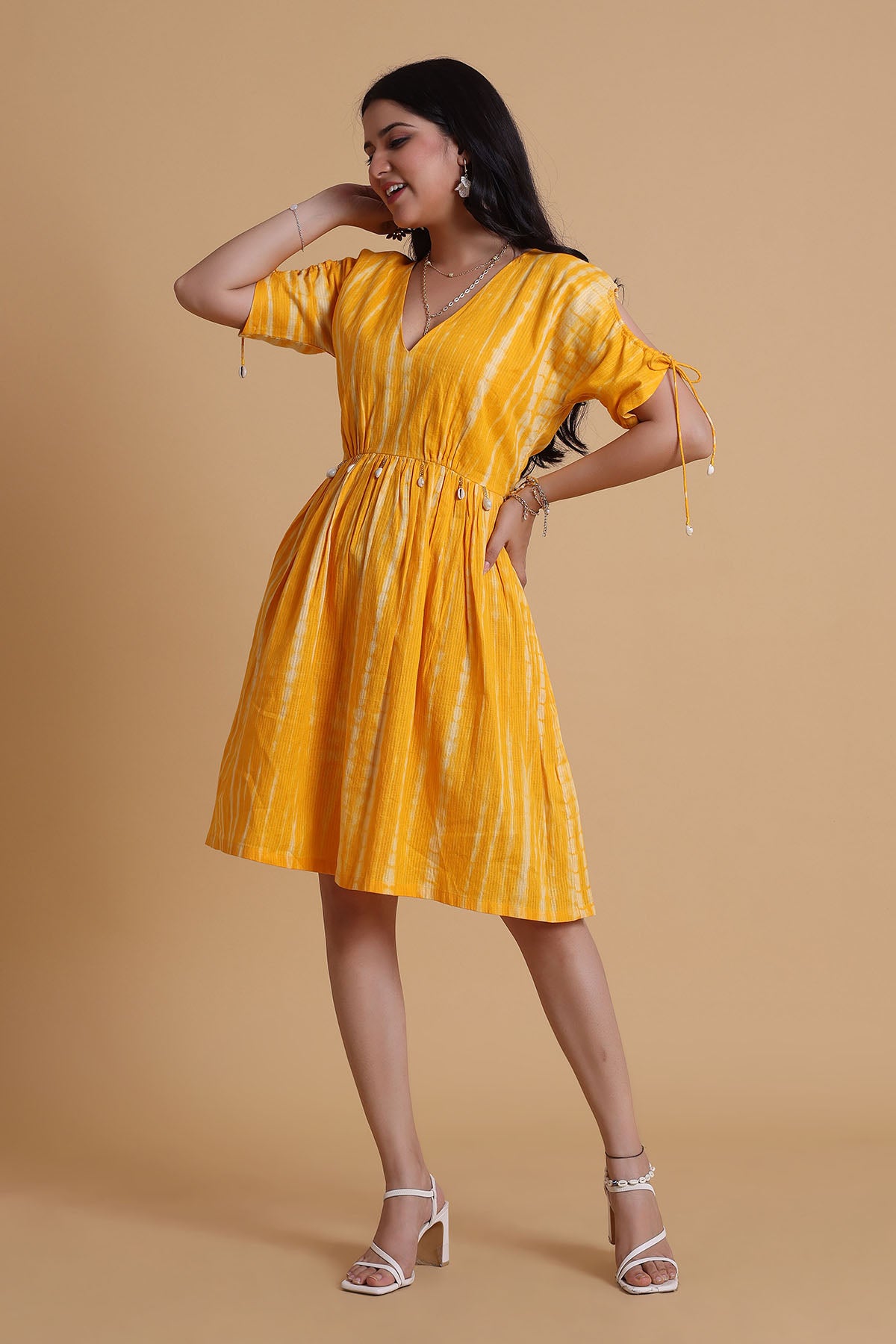 Yellow V-Neck Tie-Up Midi Dress