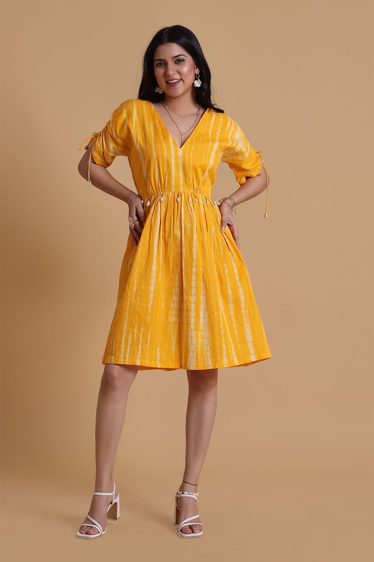 Yellow V-Neck Tie-Up Midi Dress