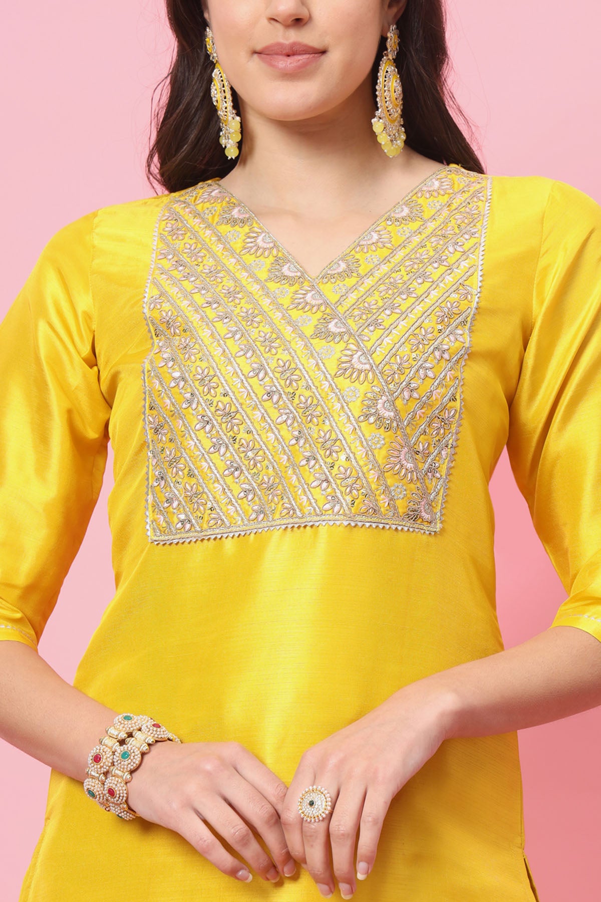Yellow V Neck Silk Kurta Set