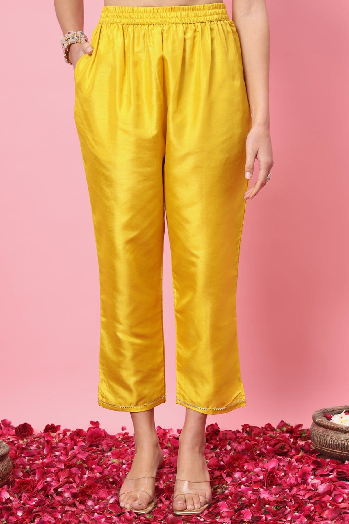 Yellow V Neck Silk Kurta Set