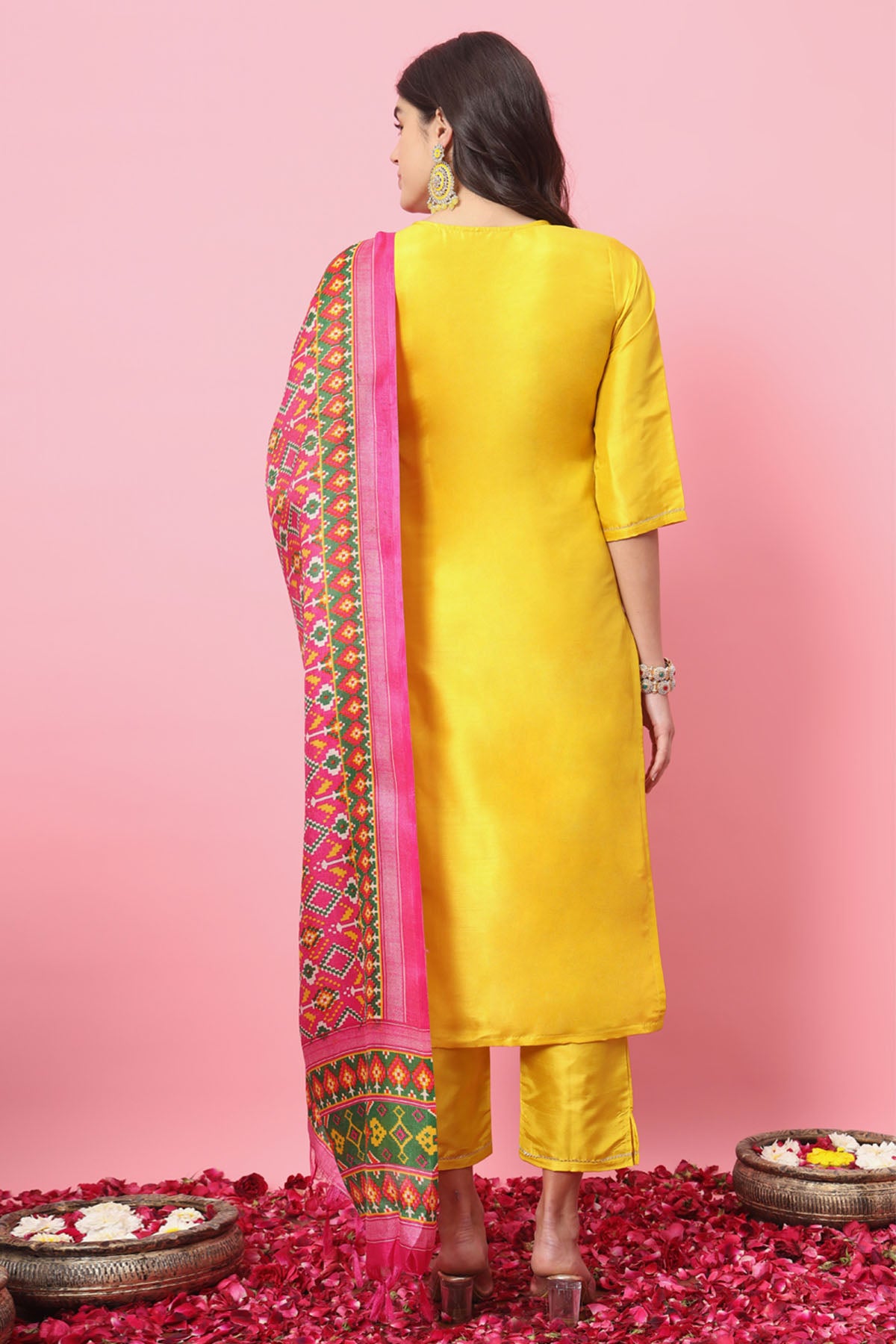 Yellow V Neck Silk Kurta Set