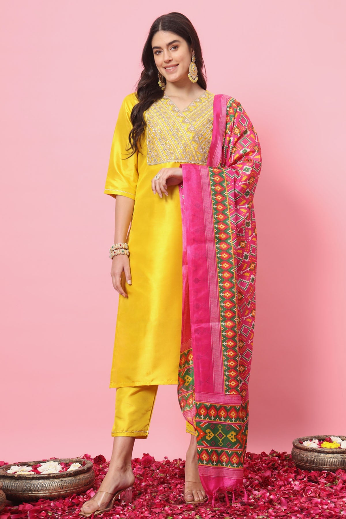 Buy Yellow V Neck Silk Kurta Set for women by Aastha Fashion online available at scrollnshops