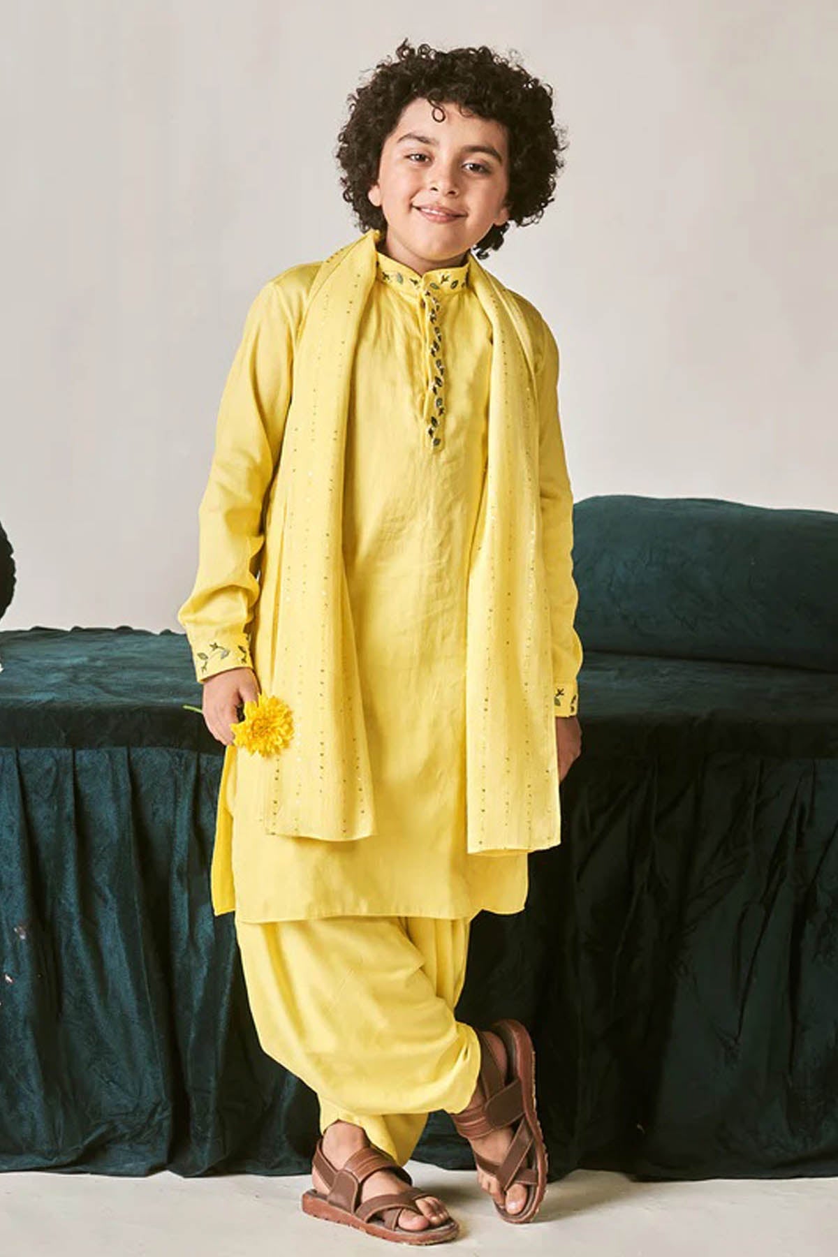 Designer Littleens Yellow Vegan Silk Kurta Set For Kids (Boys & Girls) Available online at ScrollnShops