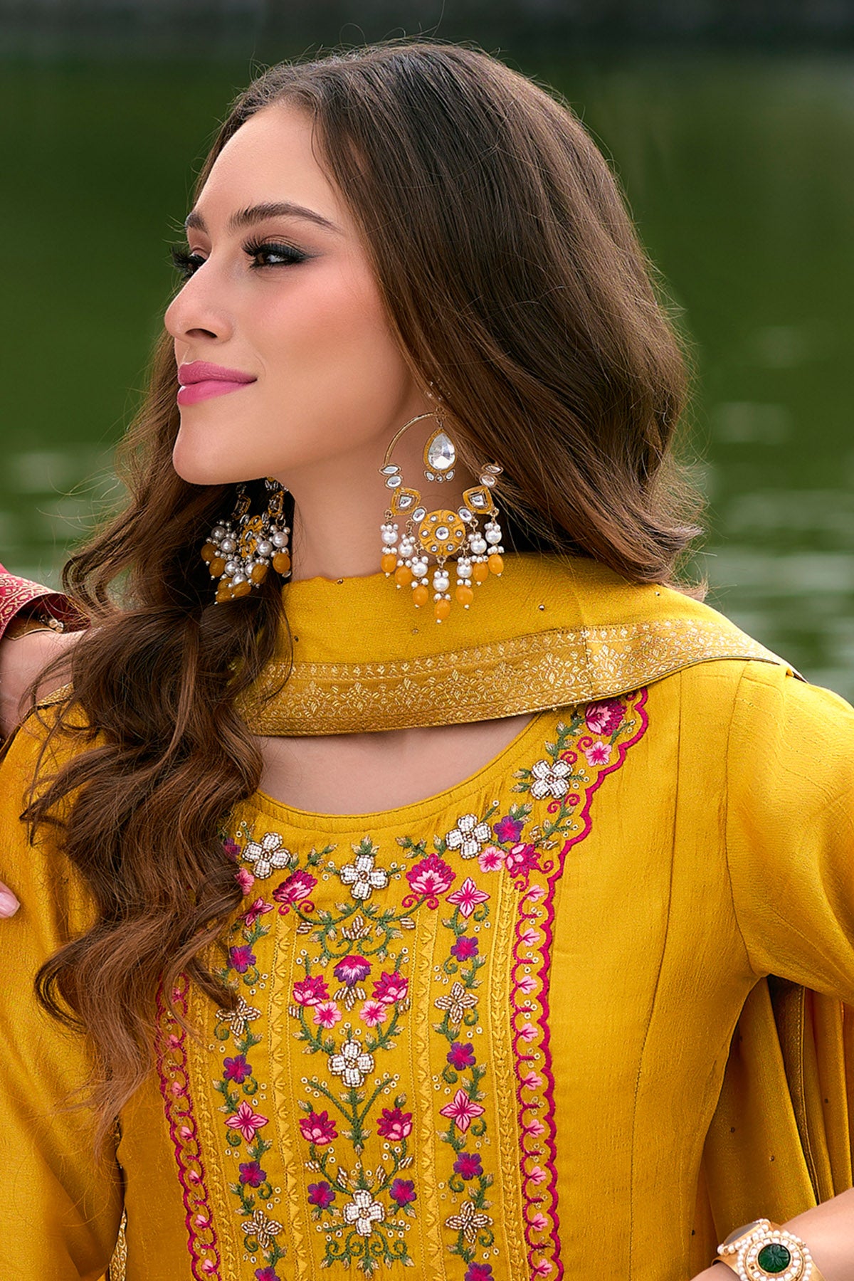 Yellow Vichitra Silk Kurta Set
