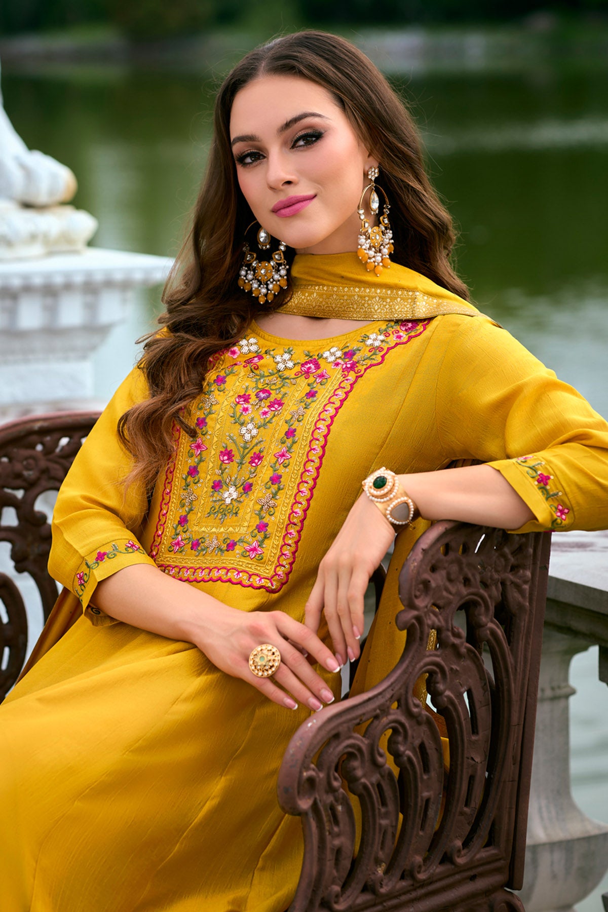 Yellow Vichitra Silk Kurta Set