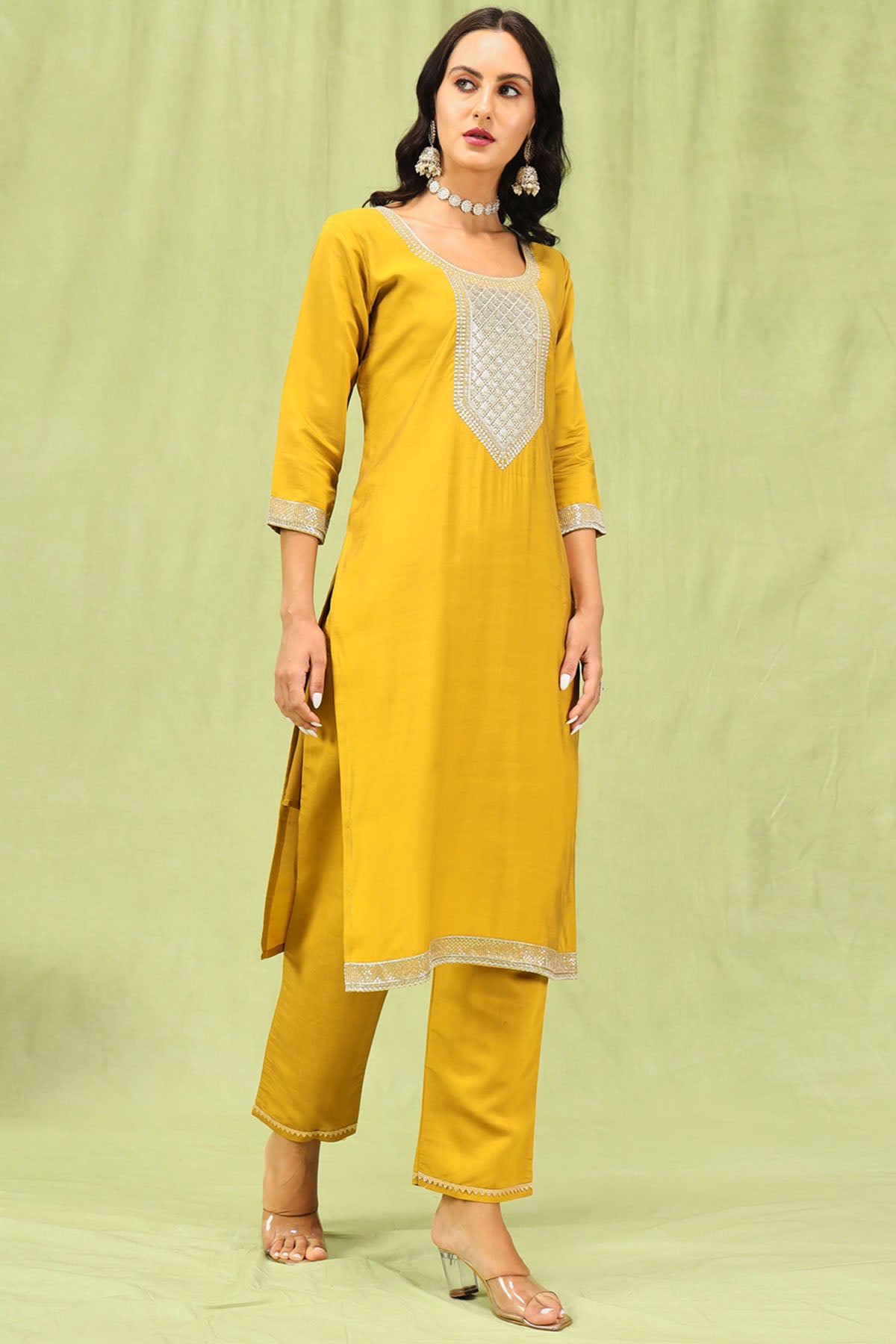 Yellow Viscose Silk Kurta Set