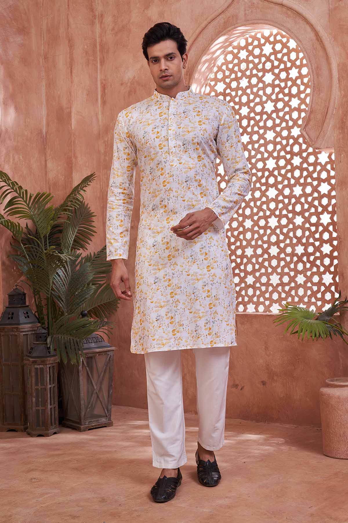 Buy Yellow White Cotton Print Kurta by SNEHA B - Men for online at ScrollnShops