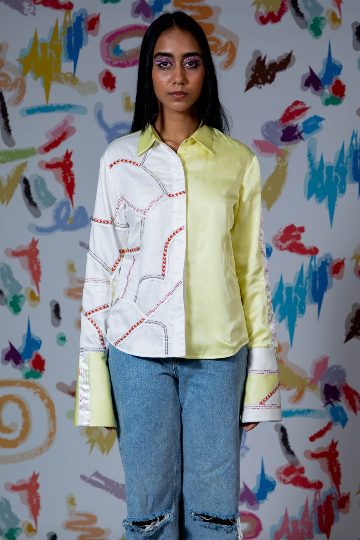 Arya Giri Yellow & White Embroidered Shirt for women online at ScrollnShops