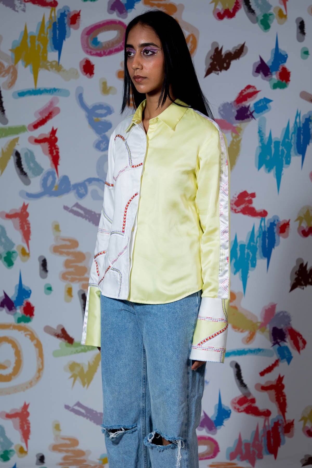 Yellow & White Embroidered Shirt