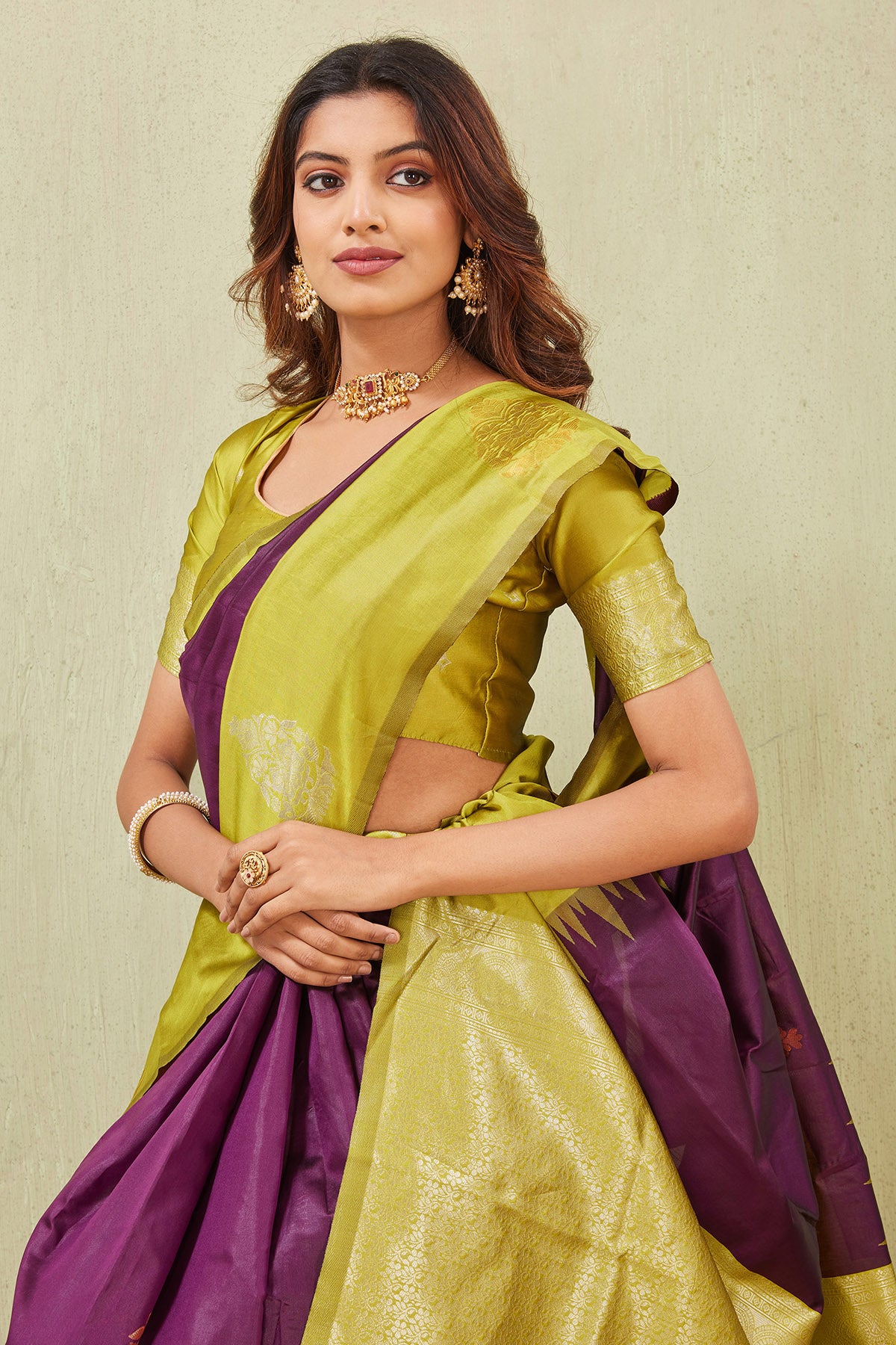 Yellow Wine Banarasi Silk Saree