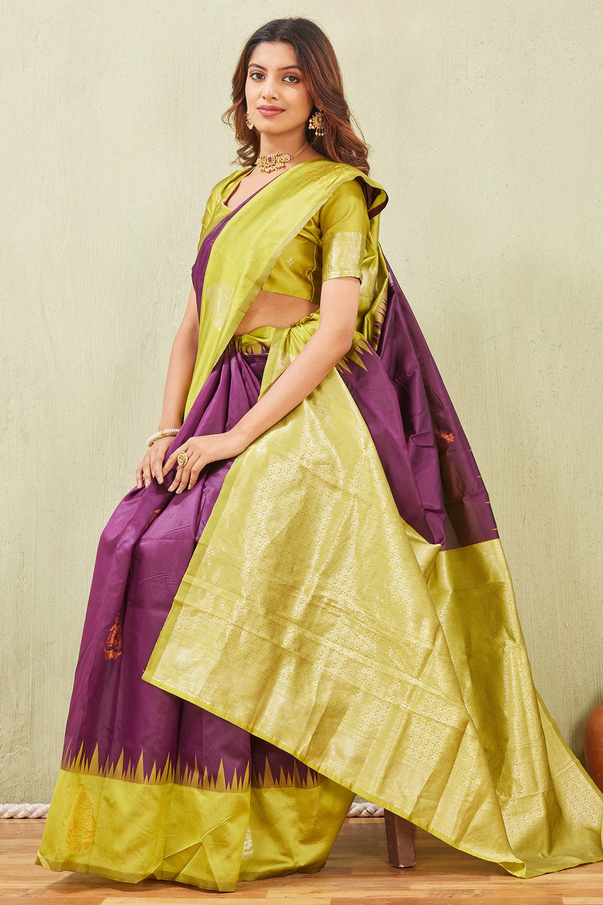 Yellow Wine Banarasi Silk Saree