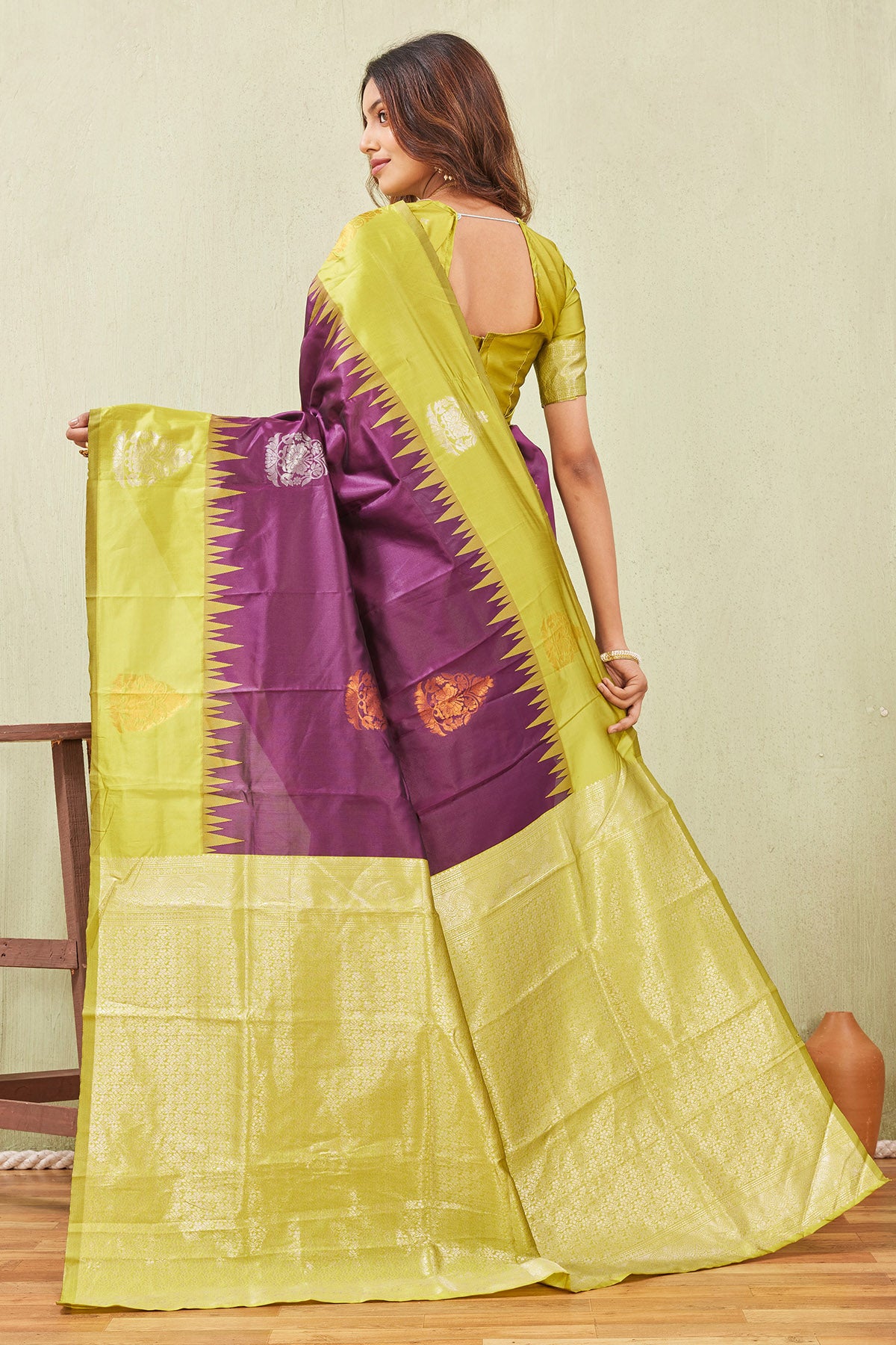 Yellow Wine Banarasi Silk Saree