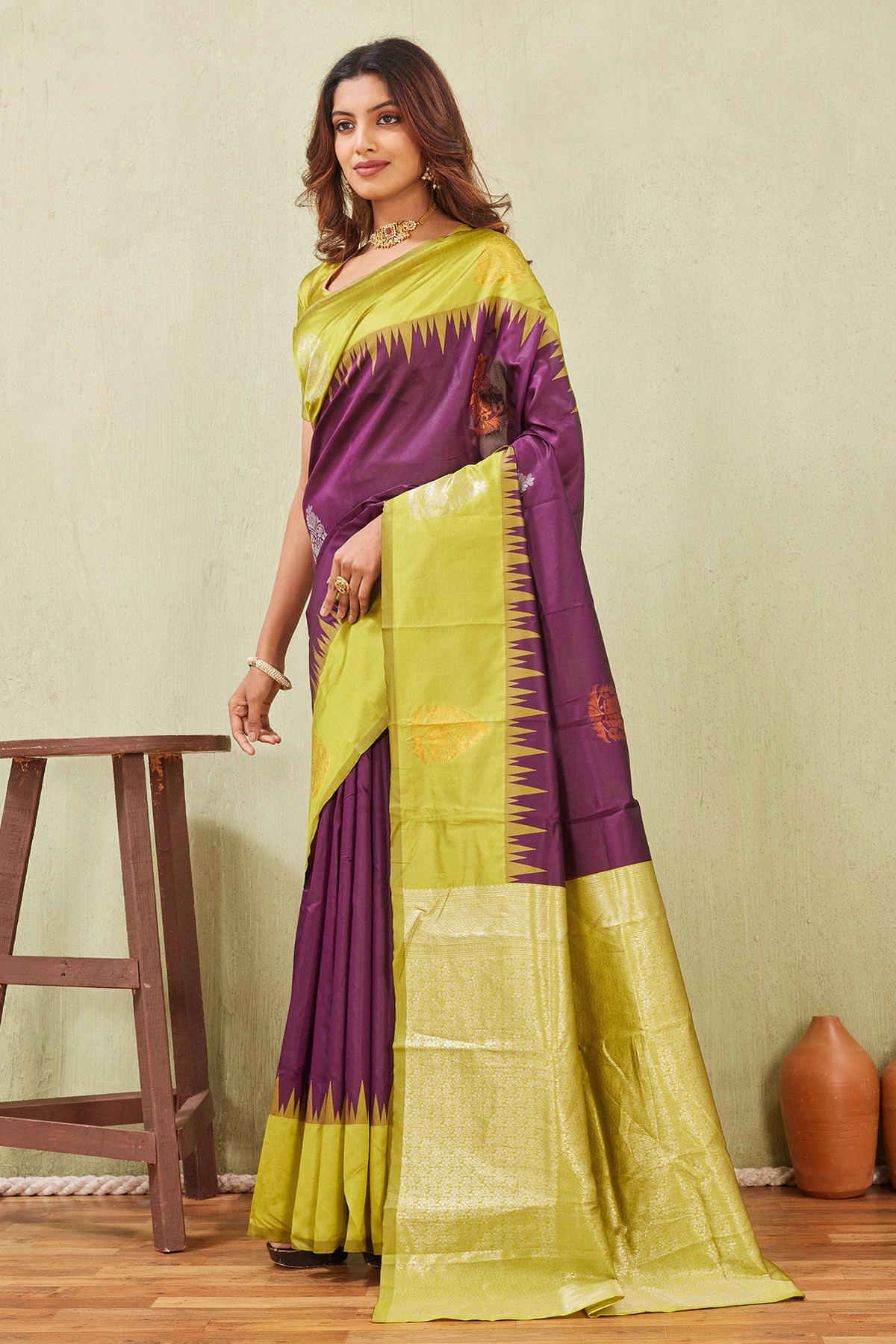 Yellow Wine Banarasi Silk Saree