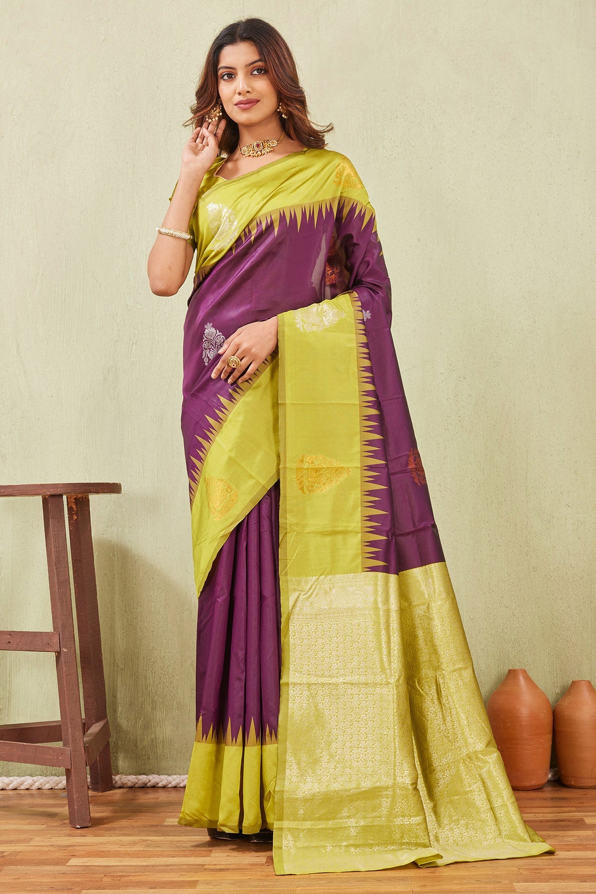 Buy Yellow Wine Banarasi Silk Saree for women by Aastha Fashion online available at scrollnshops