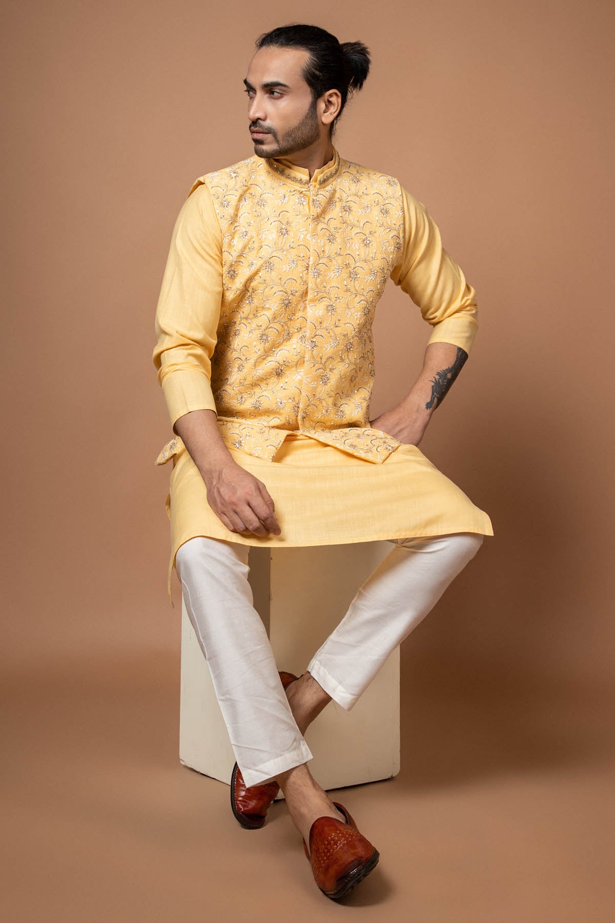 Yellow Zardosi Embroidered Bundi