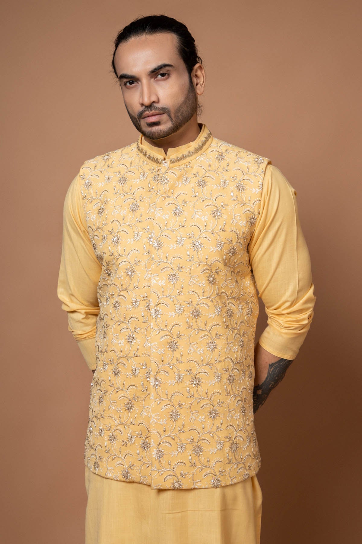 Priyanka Haralalka Yellow Zardosi Embroidered Bundi for men online at ScrollnShops