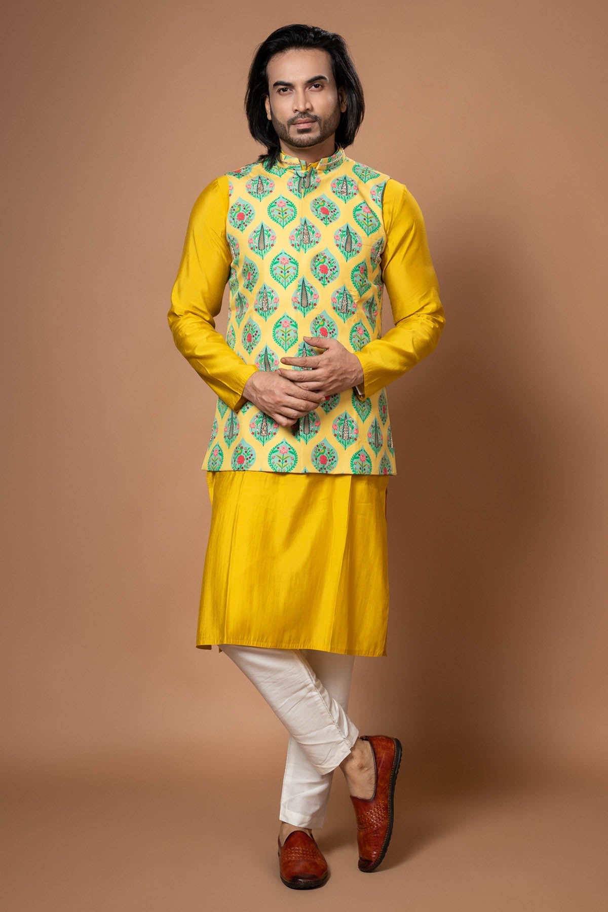 Priyanka Haralalka Yellow Zardosi Print Bundi Set for men online at ScrollnShops