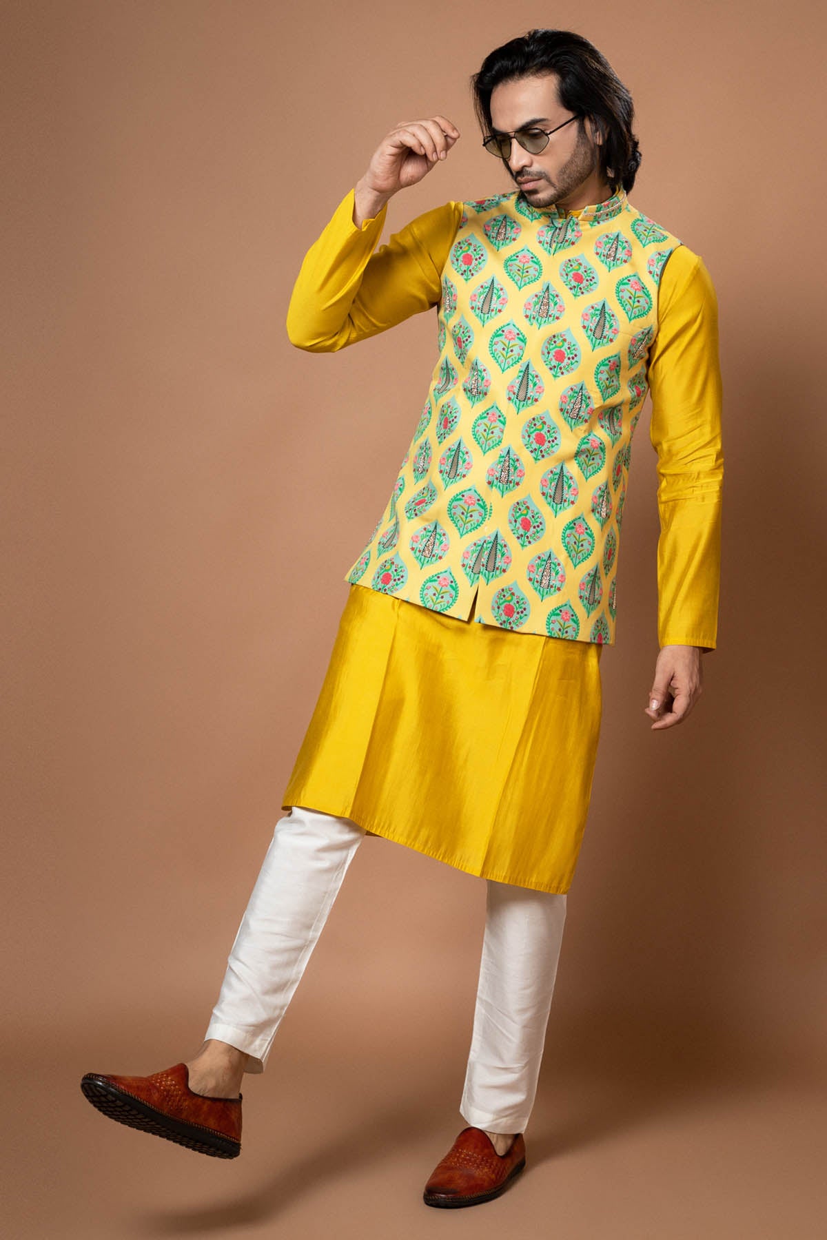 Yellow Zardosi Printed Bundi
