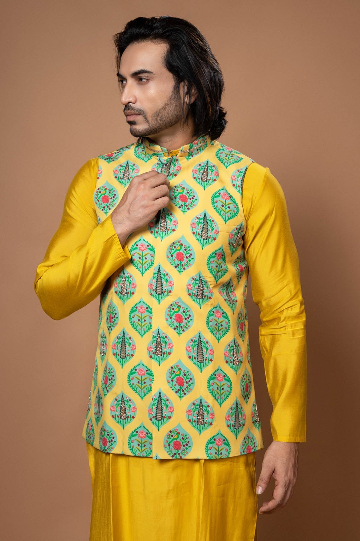 Priyanka Haralalka Yellow Zardosi Printed Bundi for men online at ScrollnShops