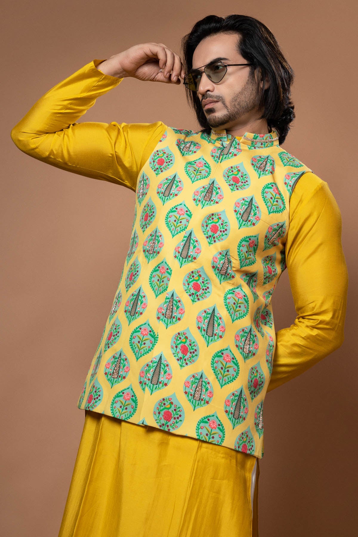 Yellow Zardosi Printed Bundi