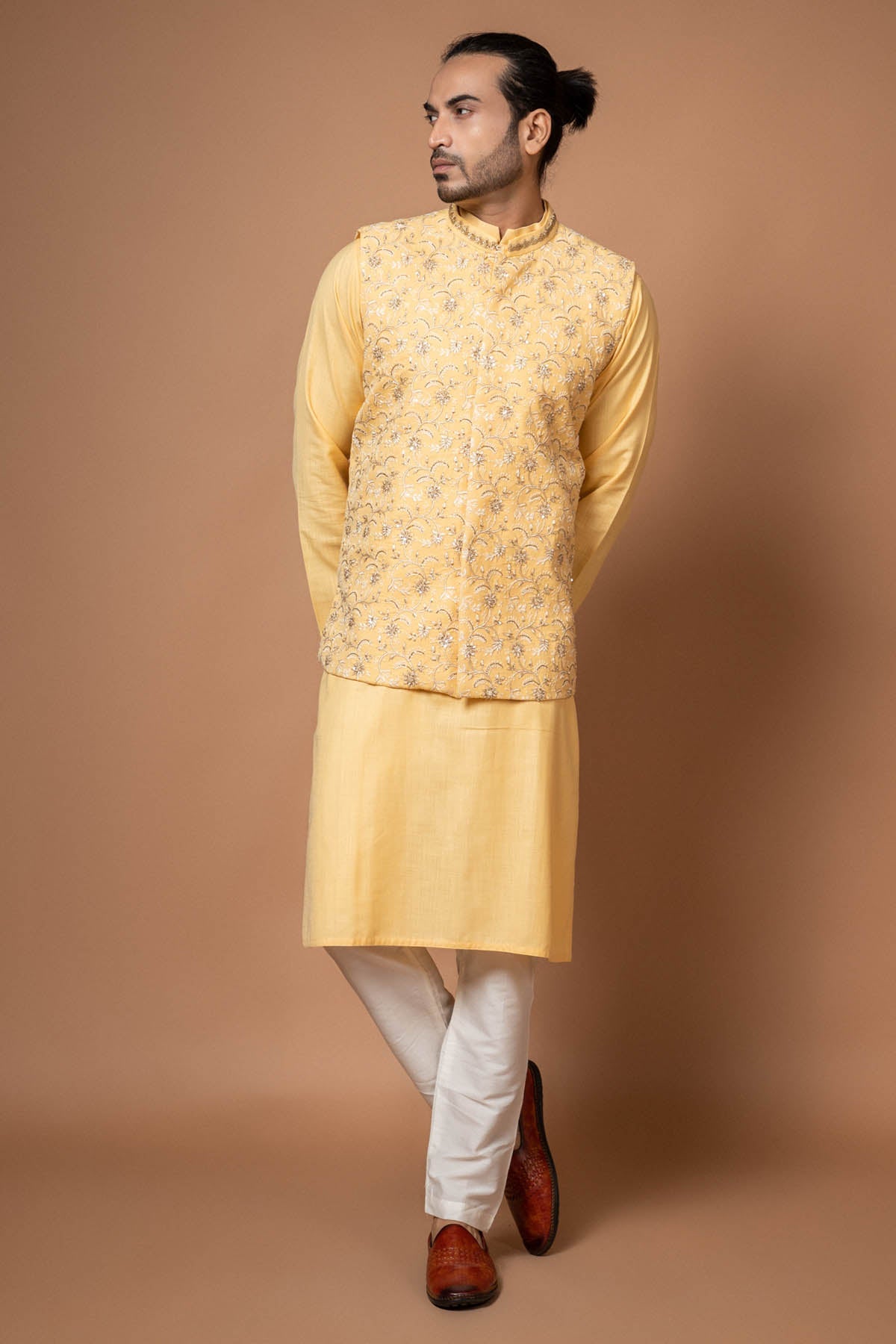 Priyanka Haralalka Yellow Zardosi Work Bundi Set for men online at ScrollnShops