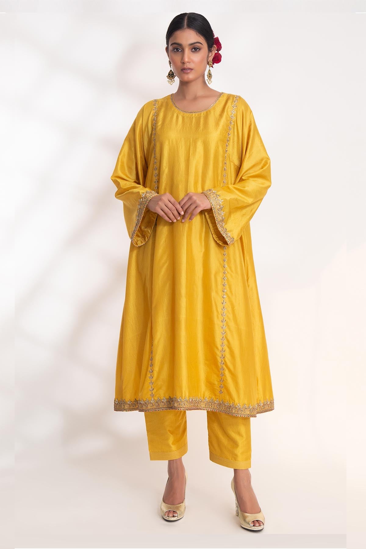 Chhaya Mehrotra Yellow Zardozi Flared Kurta Set for women online at ScrollnShops