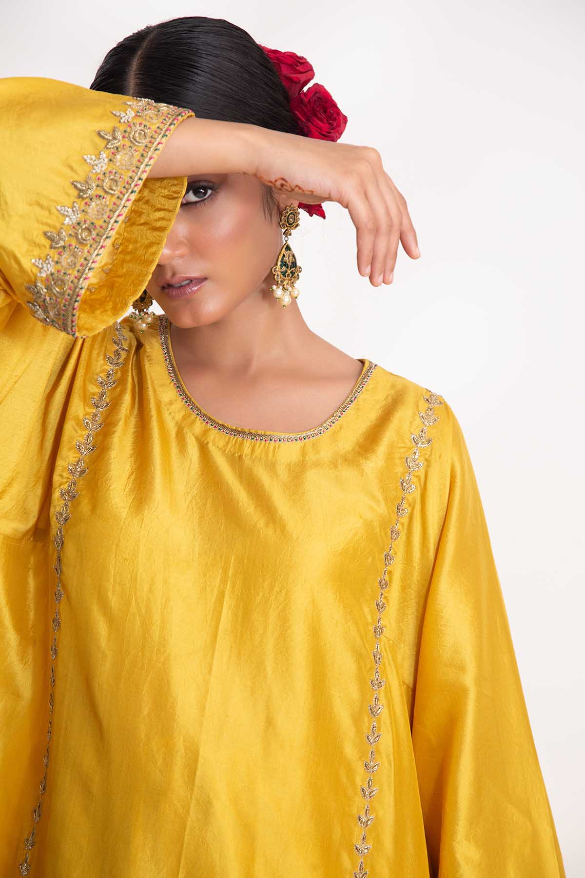 Yellow Zardozi Flared Kurta Set