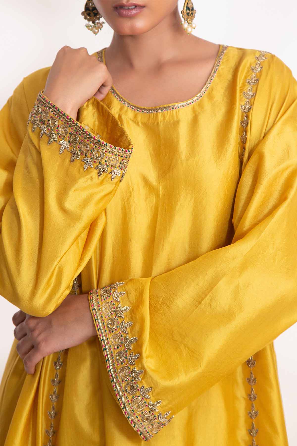 Yellow Zardozi Flared Kurta Set
