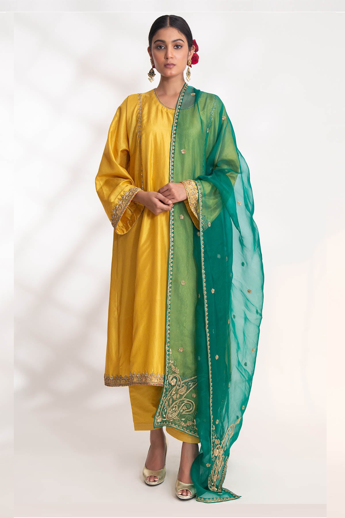 Yellow Zardozi Flared Kurta Set