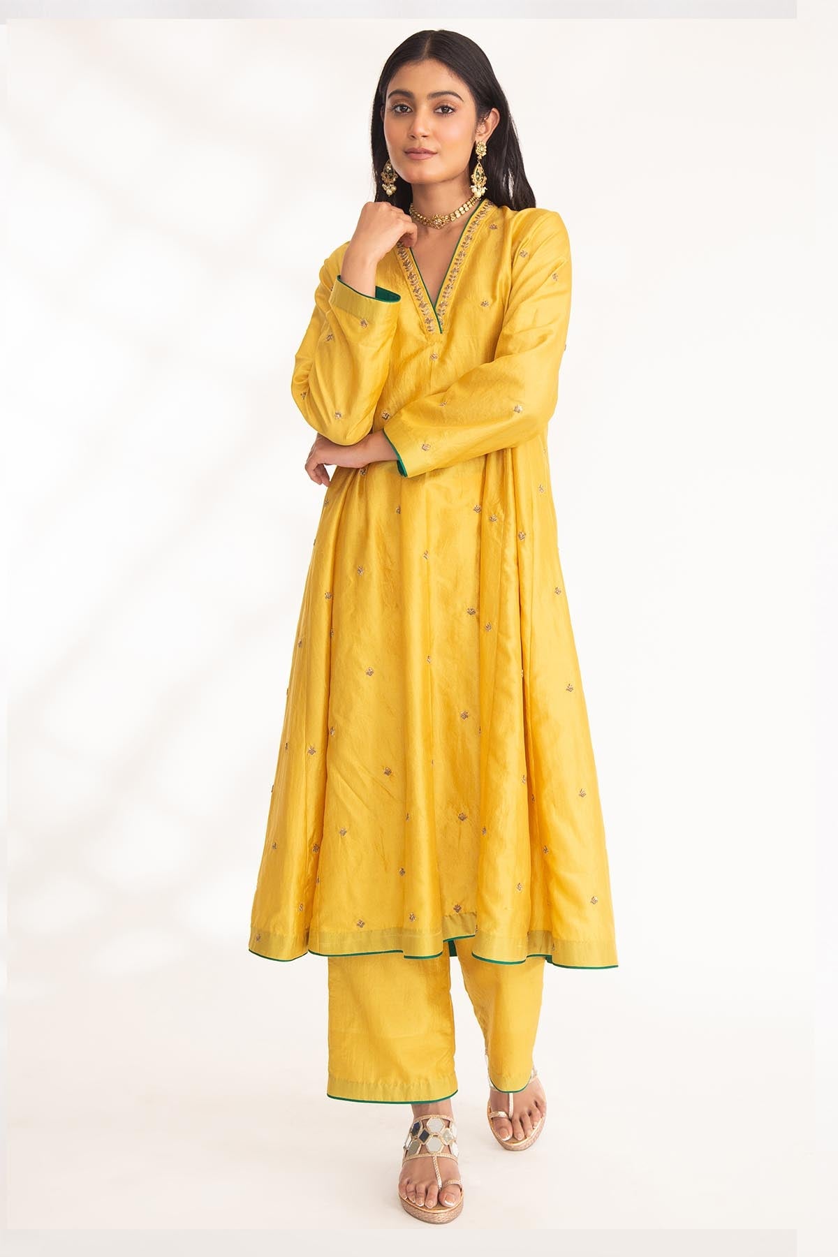 Chhaya Mehrotra Yellow Zardozi V-Neck Kurta Set for women online at ScrollnShops