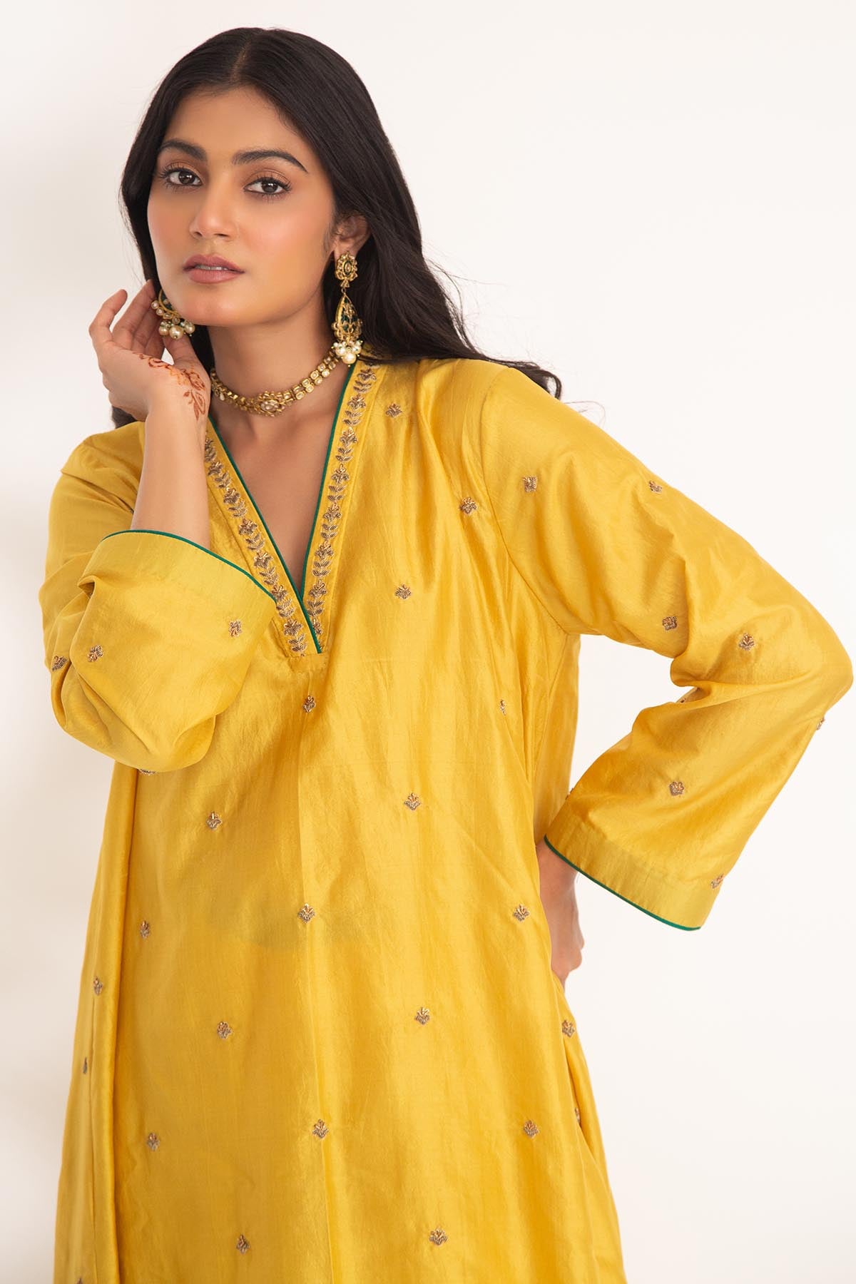 Yellow Zardozi V-Neck Kurta Set