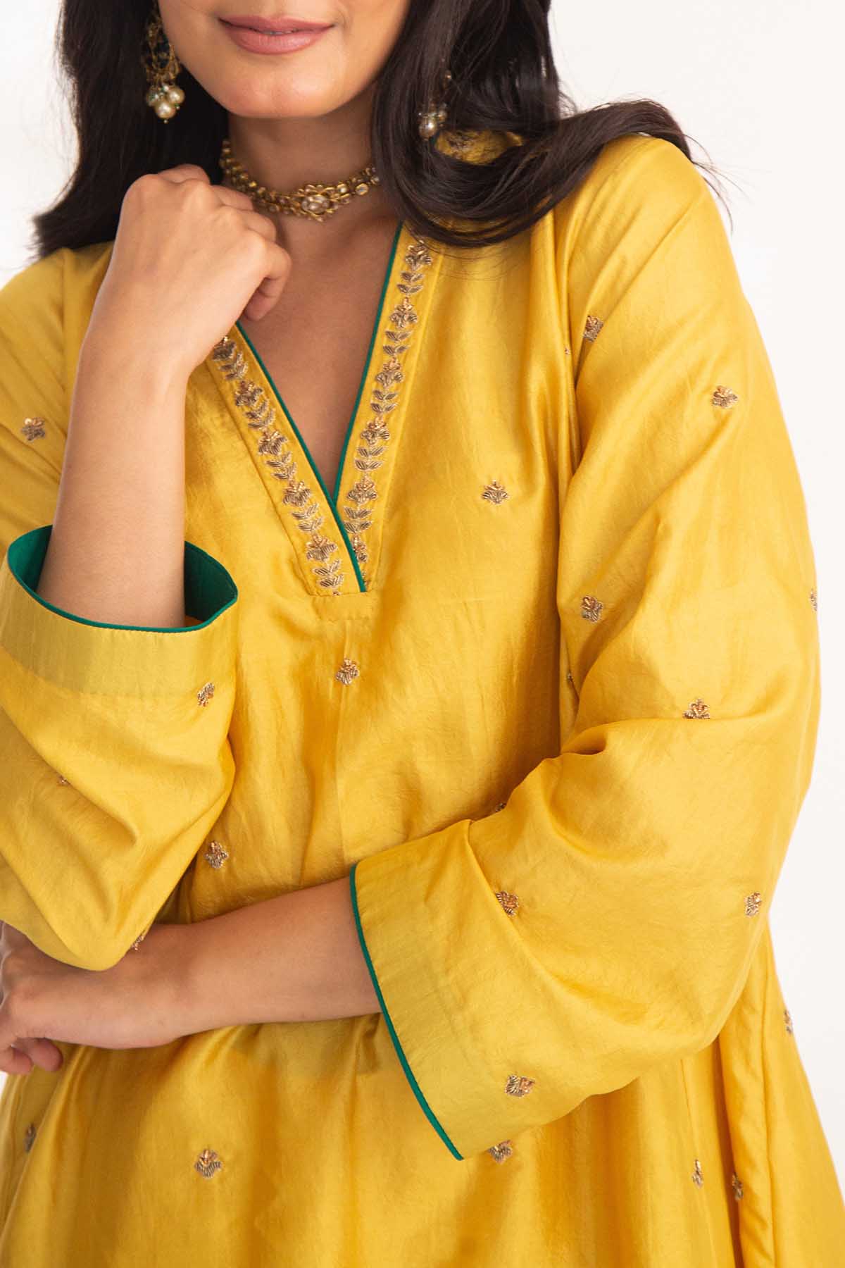 Yellow Zardozi V-Neck Kurta Set